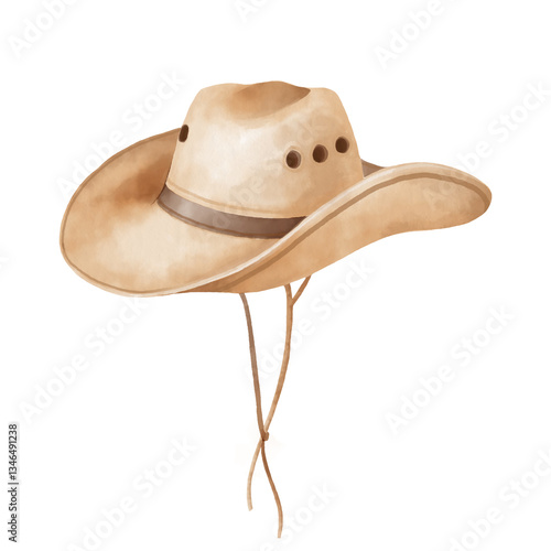 Brown cowboy hat. Cute watercolor illustration for kids. Cowboy theme for wrapping paper and textile