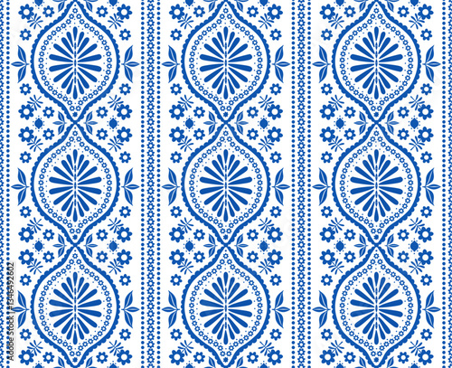 blue and white mediterranean abstract floral stripes seamless pattern, vector illustration repeat design