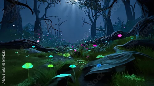 Mystical Forest with Glowing Plants and Flowers Under Enchanting Moonlight Atmosphere