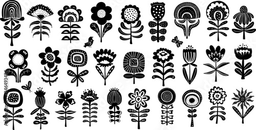 black and white hand drawn scandi nordic block print farmhouse country rustic folk art style flowers garden collection, vector illustration set