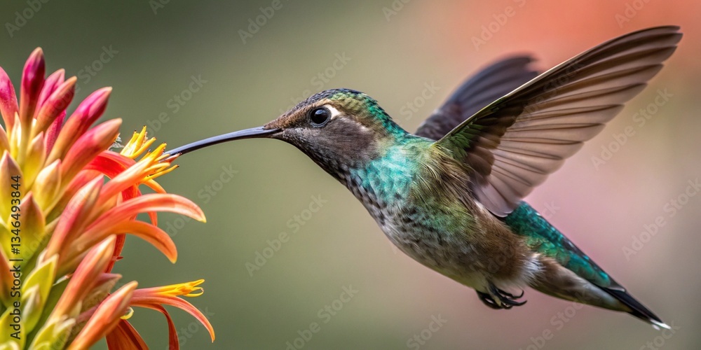 Fototapeta premium Vibrant Hummingbird in Flight Near Colorful Blossom