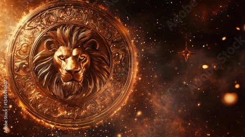 Majestic Lion Emblem Set Against Cosmic Background of Stars