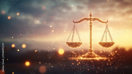 Elegant Golden Justice Scale with Sparkles Against Sunset Background