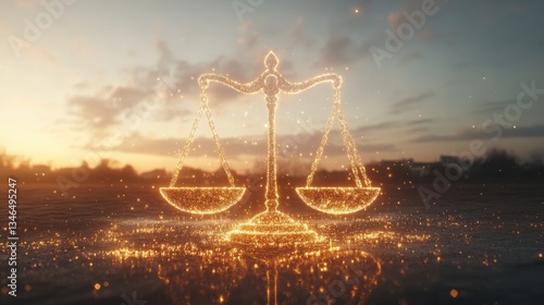 Glowing Scales of Justice Against a Sunset Sky Background