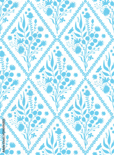 floral botanical baby blue  bouquet in diamonds seamless pattern, farmhouse country style repeat design