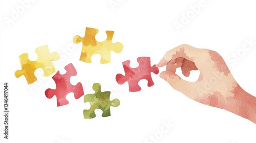 A hand gently places a colorful puzzle piece against a white background, representing creativity, problem-solving, and teamwork in a playful manner.