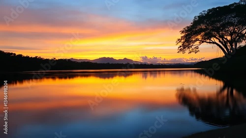 Wallpaper Mural A beautiful sunset over a calm lake with a tree in the foreground. The sky is a mix of orange and pink hues, creating a serene and peaceful atmosphere Torontodigital.ca