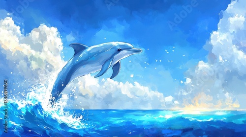 Vibrant Dolphin Leaping from Water under Bright Blue Sky
