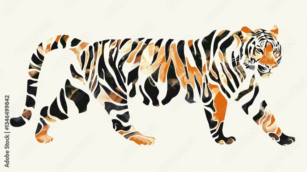 Fototapeta premium Vibrant multicolored tiger illustration with abstract artistic patterns on white background