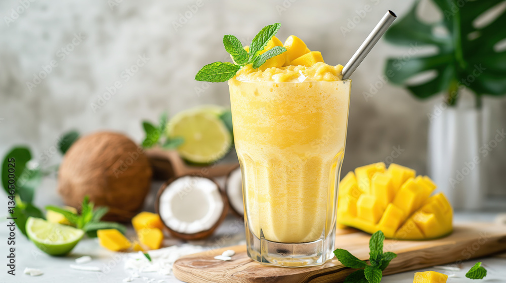 Fototapeta premium Mango Smoothie with Ice Cubes and Mango Slices on Wooden Board