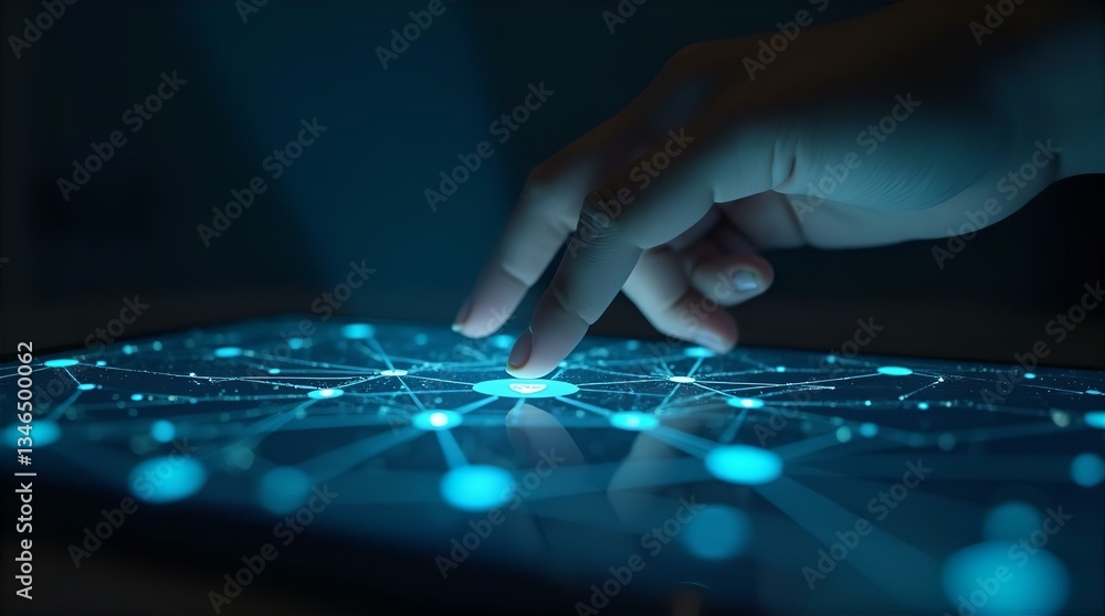Human Hand Touching Glowing Blue Digital Network on Futuristic Touchscreen Display Human Hand Touching Glowing Blue Digital Network on Futuristic Touchscreen Display
