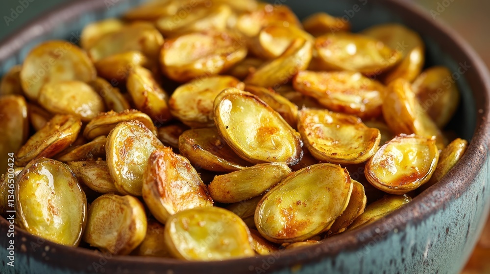 Roasted broad beans snack falling in bowl icon, fried vicia faba, spicy legume, crispy big beans chips for salads or meals top view, vector illustration Roasted broad beans snack falling in bowl icon, fried vicia faba, spicy legume, crispy big beans chips for salads or meals top view, vector illustration