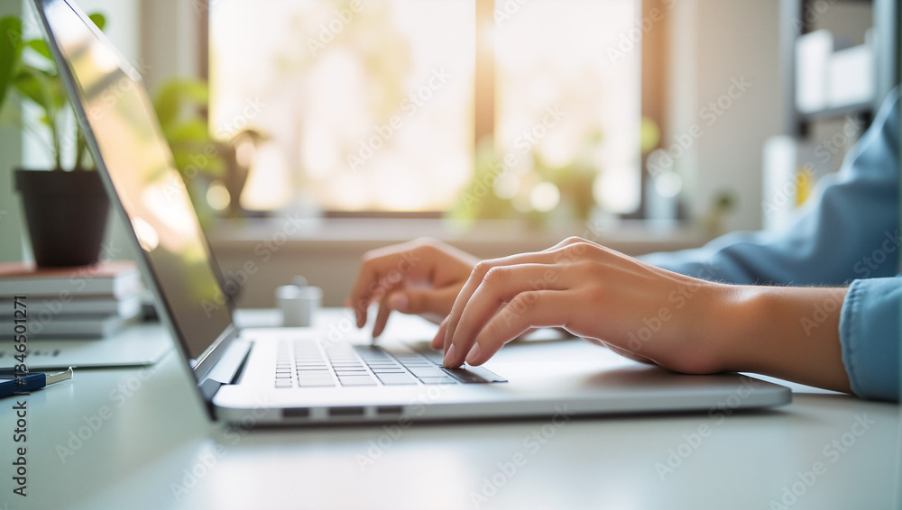 Close-Up of Hands Typing on Laptop Keyboard – Professional Workspace for Job Applications and Recruitment Close-Up of Hands Typing on Laptop Keyboard – Professional Workspace for Job Applications and Recruitment