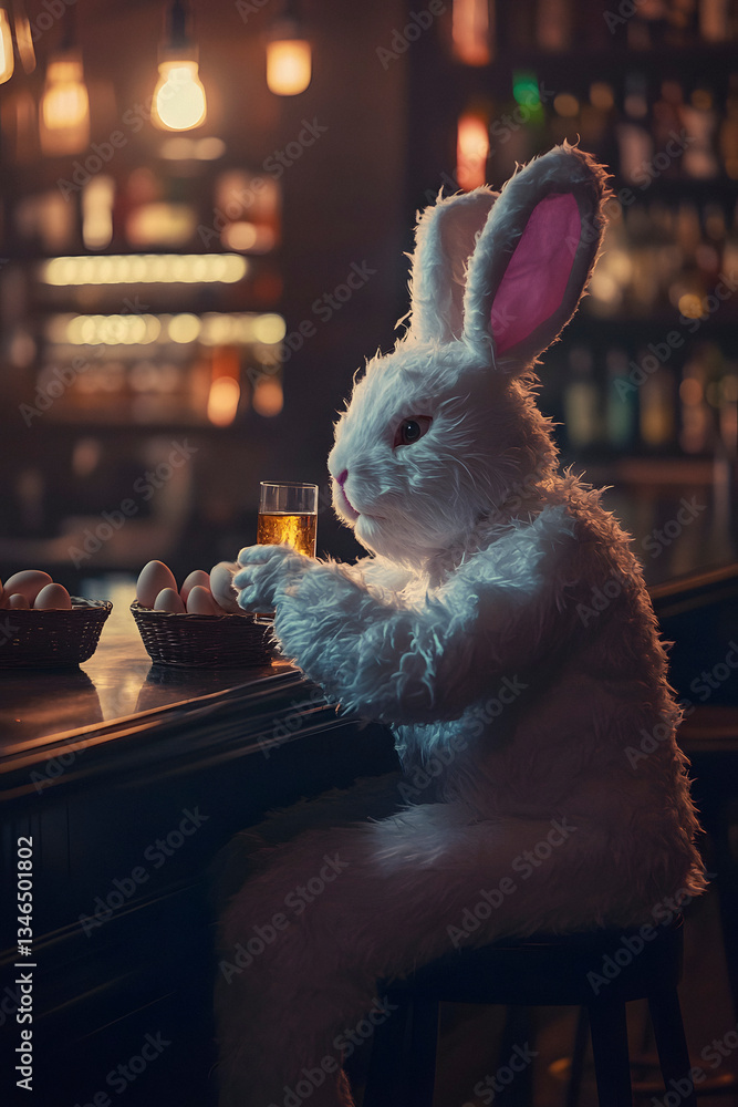 anthropomorphic rabbit sitting at the bar