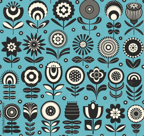 mcm mid century modern retro block print style geometric flowers blooms garden seamless pattern, vector illustration repeat design
