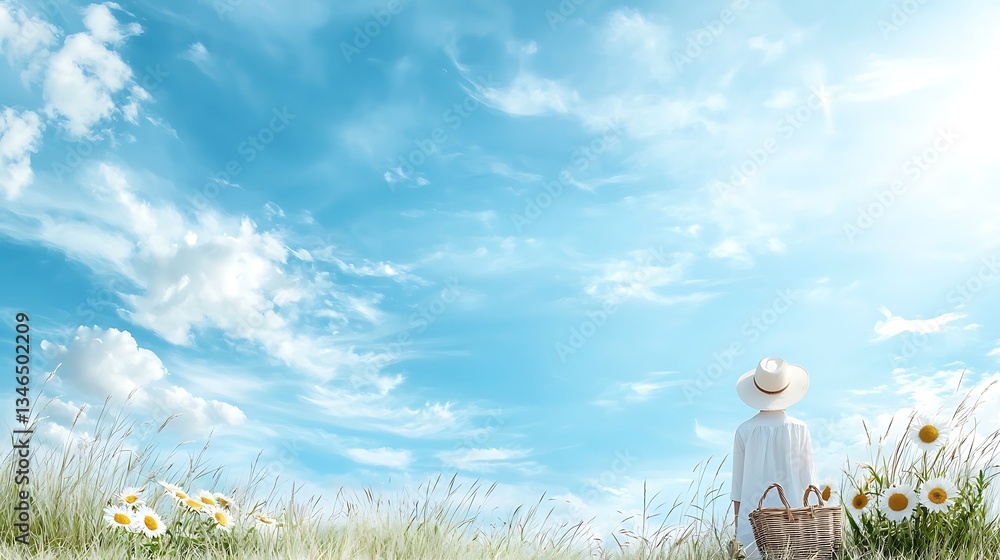 Obraz premium Spring nature action woman with basket in flower field under blue sky