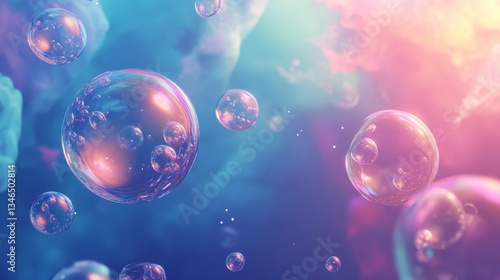 Wallpaper Mural 3D illustration of hydrogen molecules in bubbles within a liquid. Torontodigital.ca