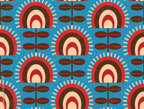 sunrise burst  retro geometric flowers on sky blue seamless pattern, vector illustration repeat design print