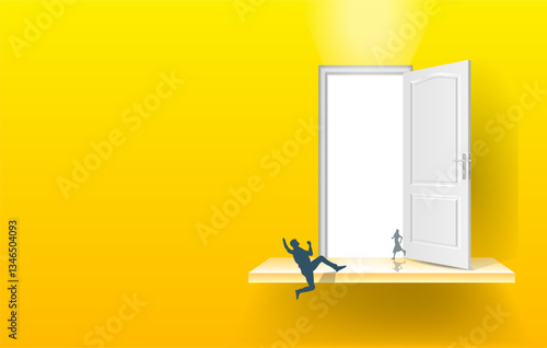 Moving forward, new business and career opportunities are opening up. An open door is a symbol of new opportunities. Vector image, space for text