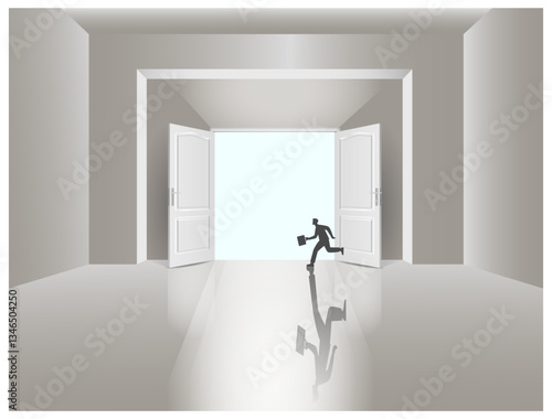 Moving forward, new business and career opportunities are opening up. An open door is a symbol of new opportunities. Vector image, space for text