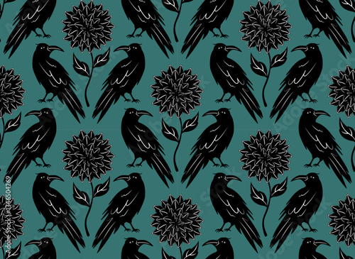 raven and dahlia flowers boho seamless pattern, vector illustration repeat design