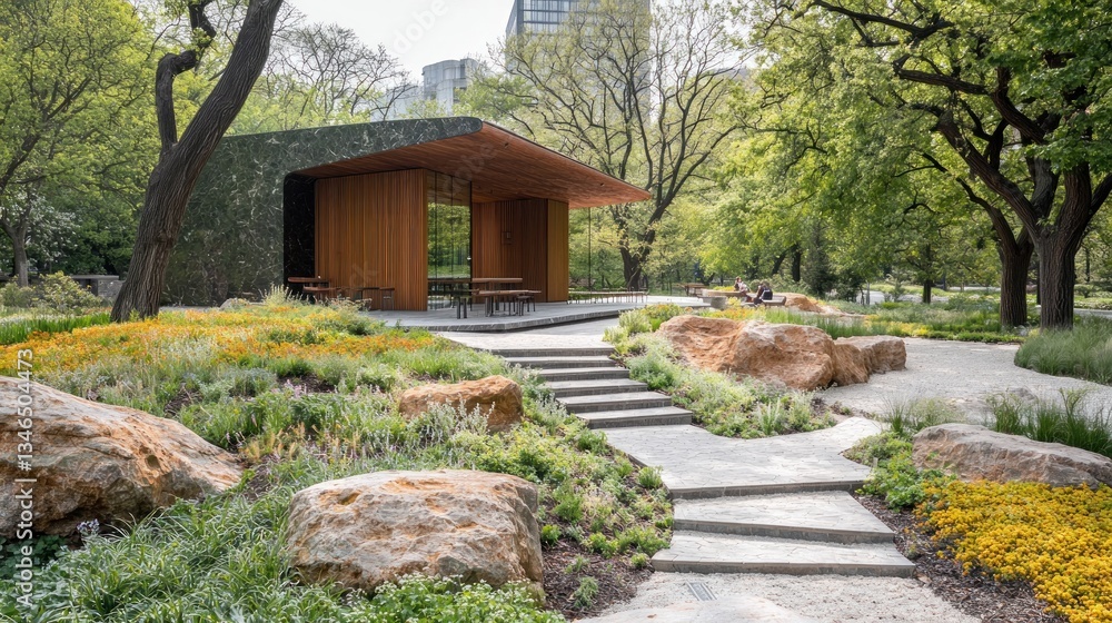 Modern park pavilion with stone pathways and lush greenery Modern park pavilion with stone pathways and lush greenery