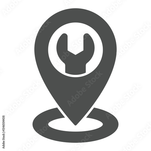 Location map pin with wrench solid icon, car service concept. Vector graphics. Wrench tool geo navigation mark sign on white background, glyph style icon for mobile or web design.