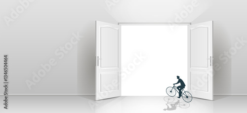 Moving forward, new business and career opportunities are opening up. An open door is a symbol of new opportunities. Vector image, space for text