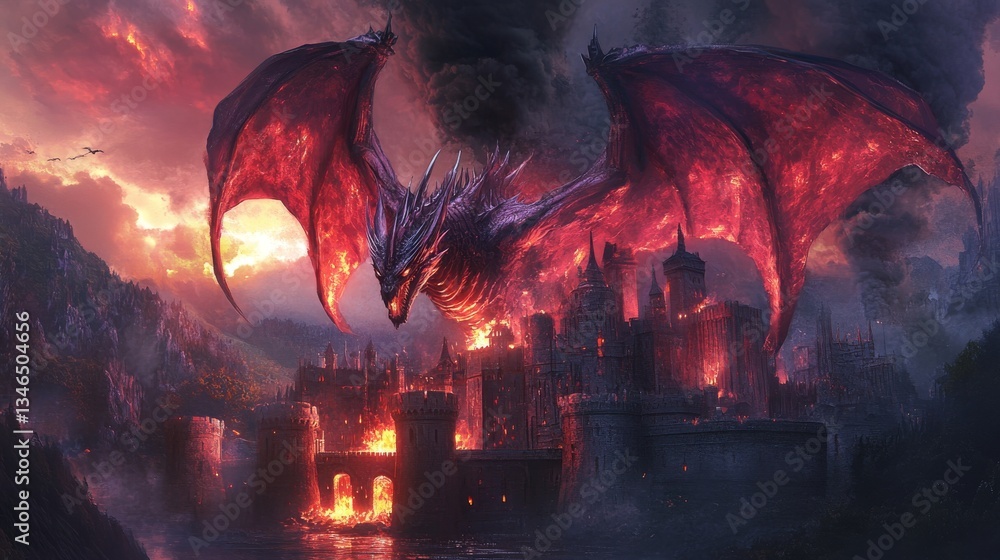 Fototapeta premium A dark crimson dragon unleashes mystical flames, destroying an ancient castle in a beautiful digital artwork.