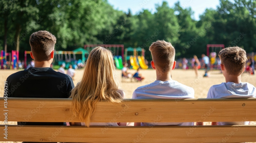 Group of teenagers sitting on a playground bench, watching a local sports match, colorful swings and slides in the background, sunny outdoor setting Group of teenagers sitting on a playground bench, watching a local sports match, colorful swings and slides in the background, sunny outdoor setting