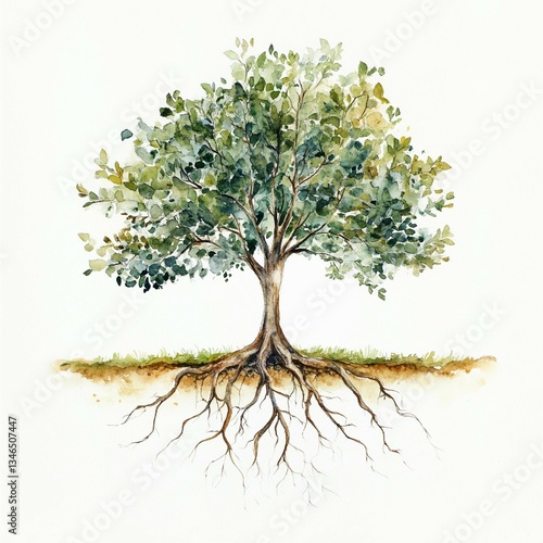 tree isolated on white, tree with roots, green, watercolor