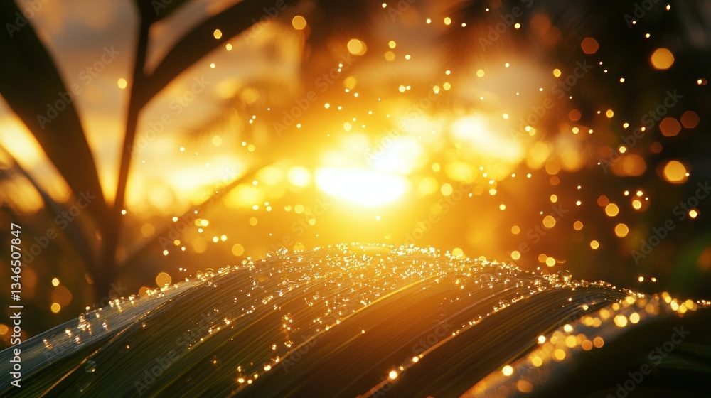 Obraz premium Dew-kissed leaf at sunset, glowing with golden light and bokeh effect