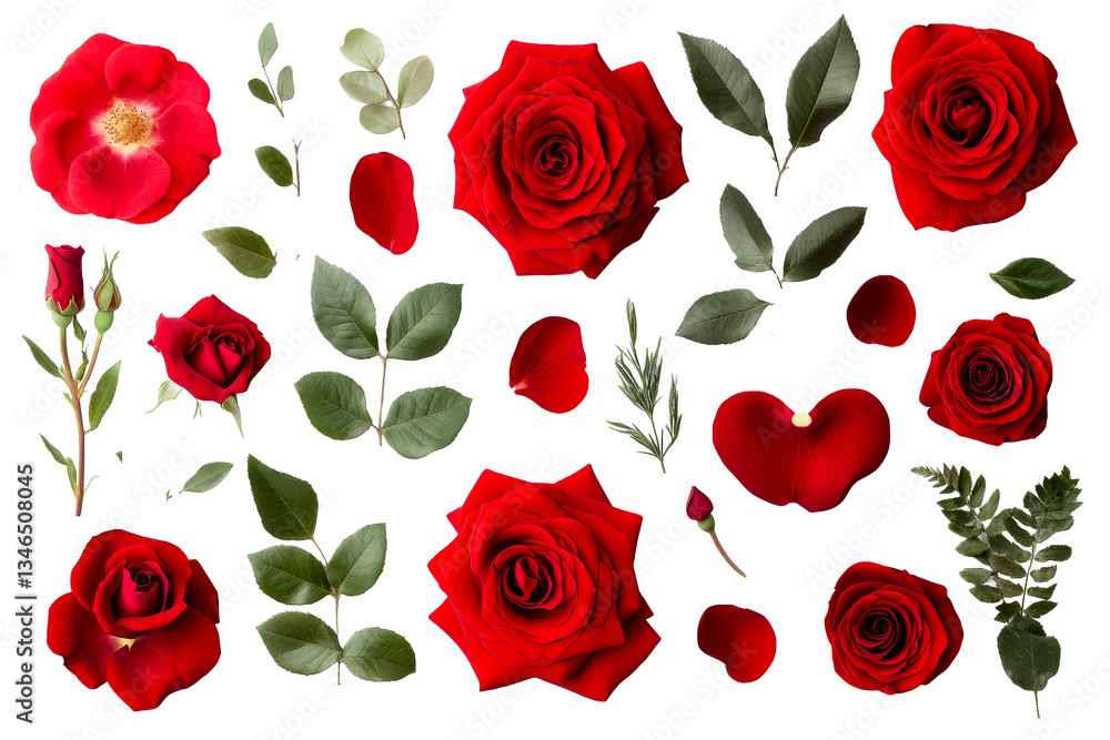 Fototapeta premium Red rose collection with green leaves on clear background