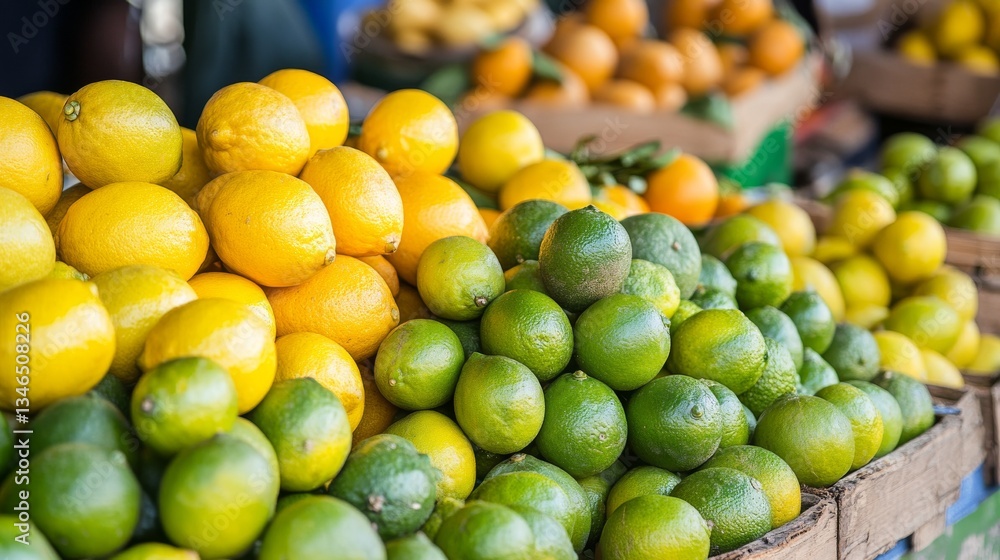Lemons and Limes Stacked Together in a Market Display During a Sunny Afternoon Lemons and Limes Stacked Together in a Market Display During a Sunny Afternoon