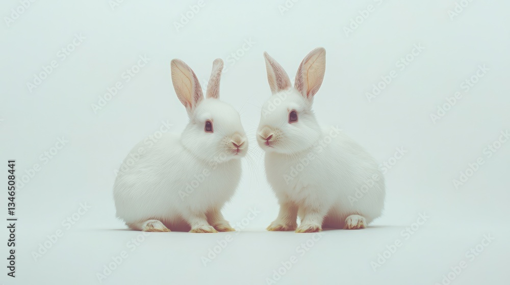 Two white baby rabbits facing each other on white background. Possible use Children's book illustration, greeting card, Easter Two white baby rabbits facing each other on white background. Possible use Children's book illustration, greeting card, Easter