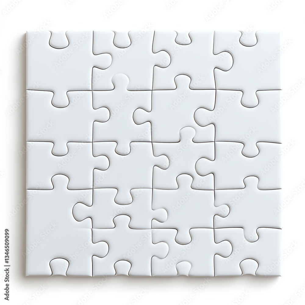 White jigsaw puzzle pieces arranged in a square layout. White jigsaw puzzle pieces arranged in a square layout.