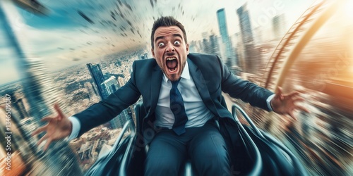 Businessman ride fast pace on roller coaster in amusement park. Frightened entrepreneur facing business setbacks, illustrating the emotional rollercoaster of entrepreneurship.
