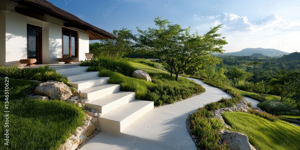 Serene Landscape View of a Wellness Retreat with Tranquil Pathways and Lush Greenery Inviting Relaxation and Meditation Serene Landscape View of a Wellness Retreat with Tranquil Pathways and Lush Greenery Inviting Relaxation and Meditation