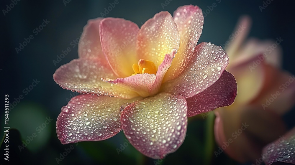 Fototapeta premium Dew-kissed, pastel pink and yellow flower closeup