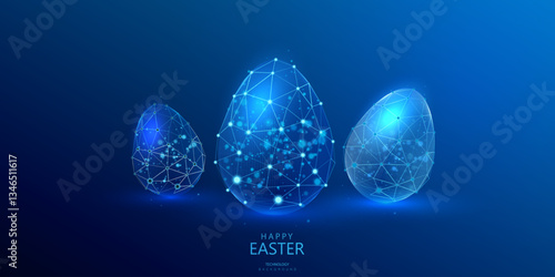 easter wireframe eggs, ai technology background, future holiday card, set vector