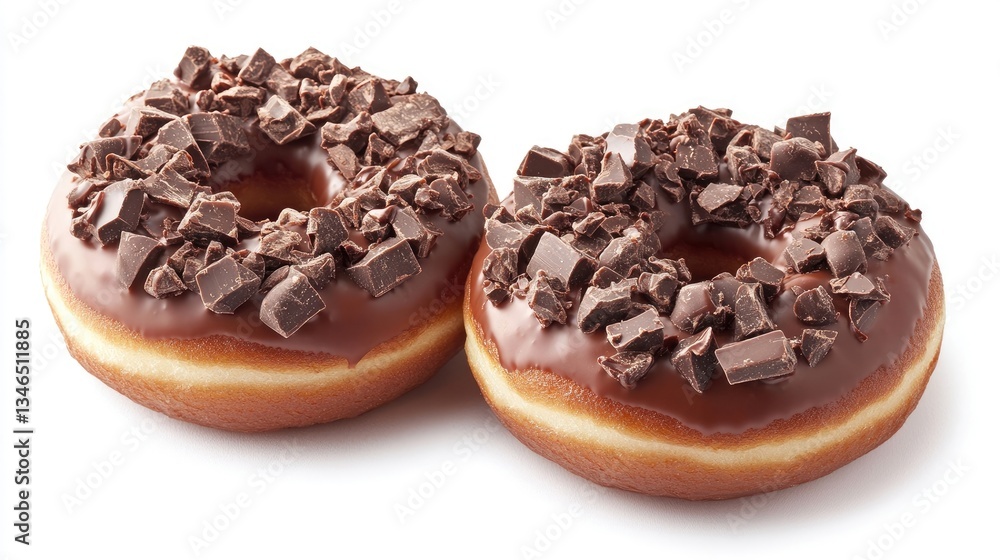 Two chocolate-glazed donuts topped with crunchy chocolate chunks, combining rich sweetness and a delightful texture, perfect for dessert enthusiasts and chocolate lovers Two chocolate-glazed donuts topped with crunchy chocolate chunks, combining rich sweetness and a delightful texture, perfect for dessert enthusiasts and chocolate lovers