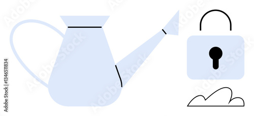Light blue watering can beside a padlock and small cloud. Ideal for growth, security, innovation, sustainability, resource protection, challenge management, self-improvement concepts. Flat simple