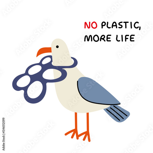 Seagull trapped in plastic waste – Environmental pollution, ocean wildlife protection, no plastic, save nature. Earth Day awareness illustration