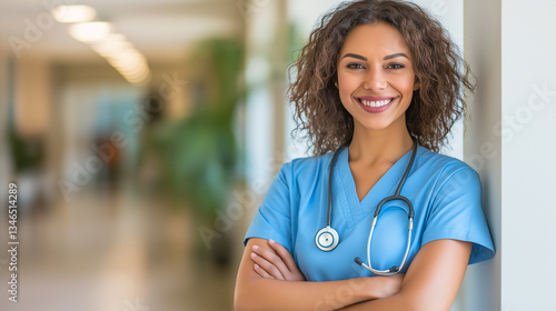 Smiling healthcare professional in blue scrubs with stethoscope standing in a hospital hallway