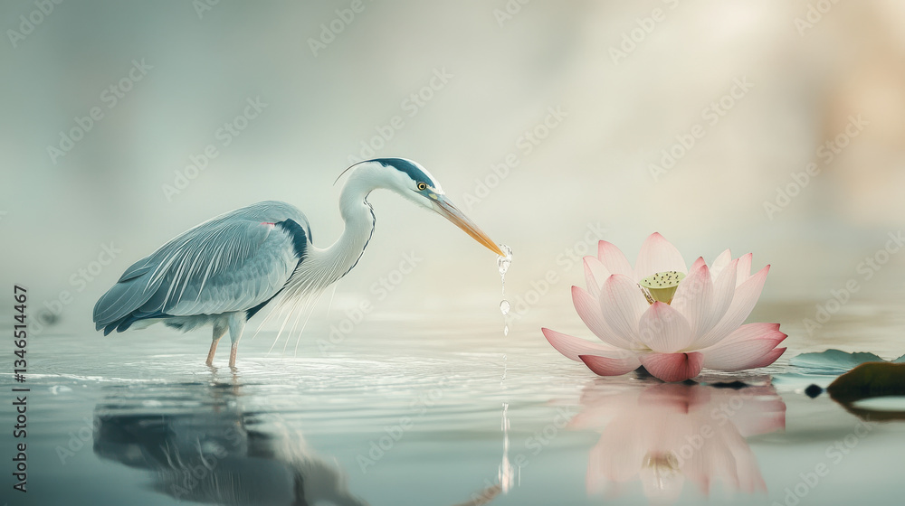 Naklejka premium A gracefully posed heron standing in shallow water, its slender legs partially submerged, with a serene expression and soft ripples spreading outward