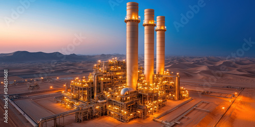 stunning oil refinery plant illuminated at dusk, showcasing industrial architecture in desert landscape