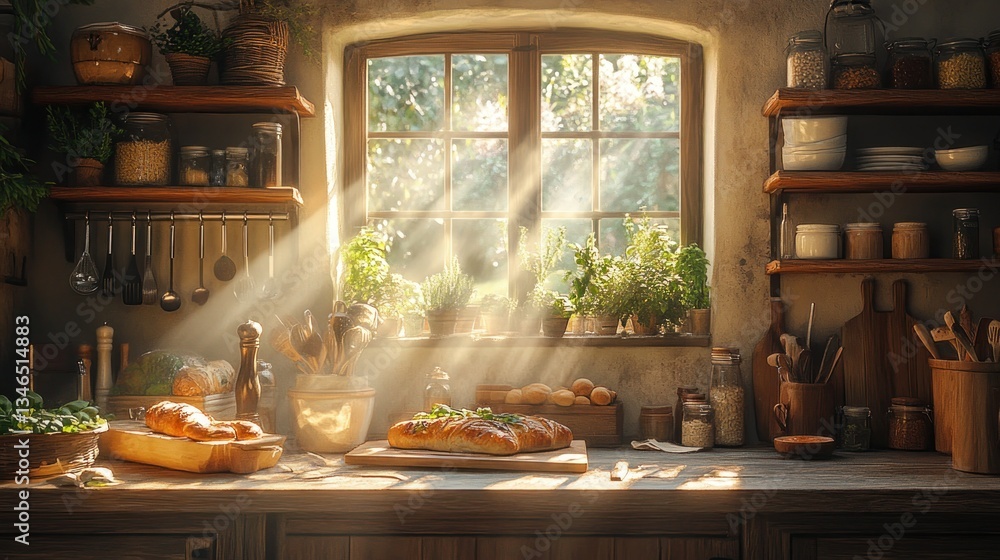 Fototapeta premium Sunny rustic kitchen window with bread