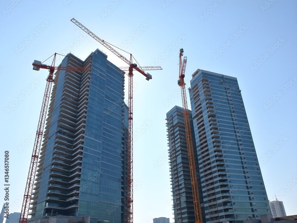 Two tall buildings under construction with cranes Two tall buildings under construction with cranes