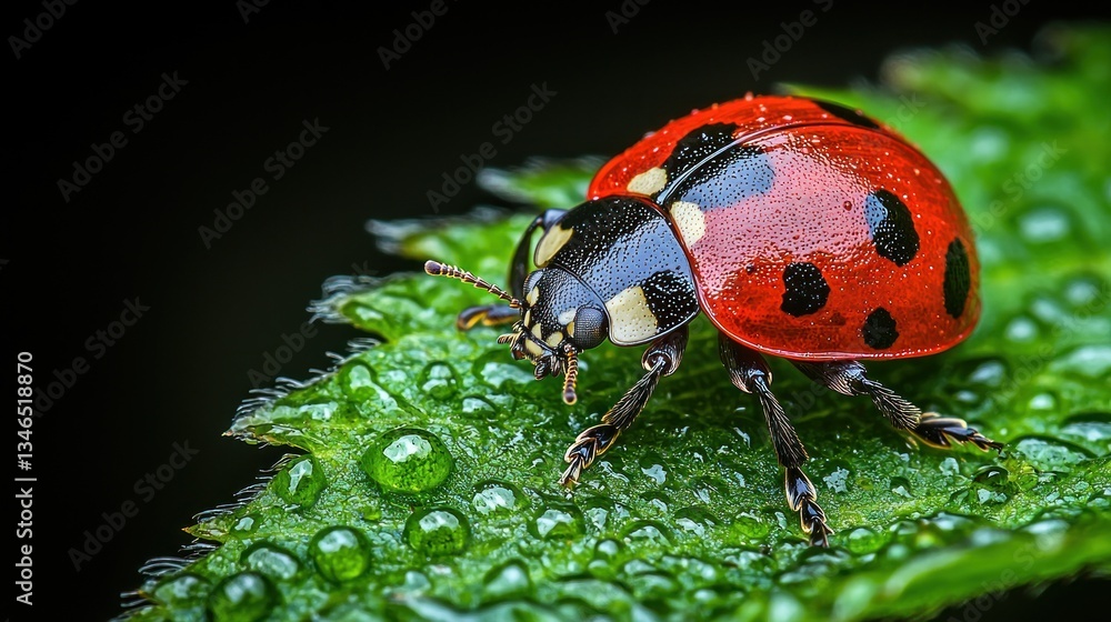 Obraz premium Ladybug on dewy leaf