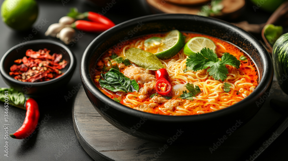 steaming bowl of Asian noodle soup is garnished with fresh herbs, lime, and chili, creating vibrant and aromatic dish. rich broth and spices enhance flavors, making it comforting meal steaming bowl of Asian noodle soup is garnished with fresh herbs, lime, and chili, creating vibrant and aromatic dish. rich broth and spices enhance flavors, making it comforting meal